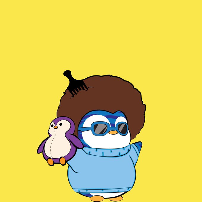 A cartoon penguin character with a large brown afro, sunglasses, and a pick comb in its hair, wearing a blue sweater, holds a small purple penguin plush on a yellow background.