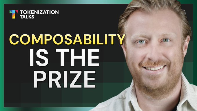A promotional thumbnail for "Tokenization Talks" featuring a smiling man with reddish-blonde hair on the right, with the bold text "COMPOSABILITY IS THE PRIZE" displayed in yellow and white on a dark background, teasing the show's first episode about privacy and interoperability in tokenized assets.