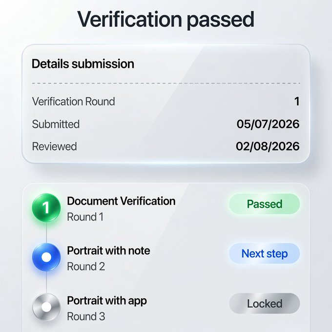 A 'Verification passed' status screen showing 'Document Verification Round 1' as Passed, 'Portrait with note Round 2' as Next step, and 'Portrait with app Round 3' as Locked, with submission dates '05/07/2026' and '02/08/2026'.