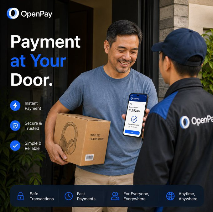 A customer smiles while receiving a box of wireless headphones from an OpenPay delivery driver, holding up his phone to confirm a P1,250.00 successful payment. The promotional image highlights OpenPay's "Payment at Your Door" service with feature icons for instant payment, security, and reliability.