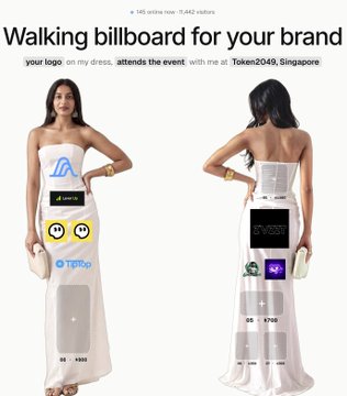 A promotional advertisement titled 'Walking billboard for your brand' showcasing a white dress with digital displays, branding it as an HR listing at Token2049, Singapore.