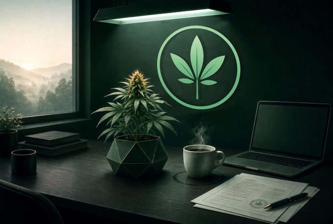 A potted cannabis plant sits on a dark desk next to a steaming mug and laptop, with a glowing green cannabis leaf symbol projected on the wall behind it.