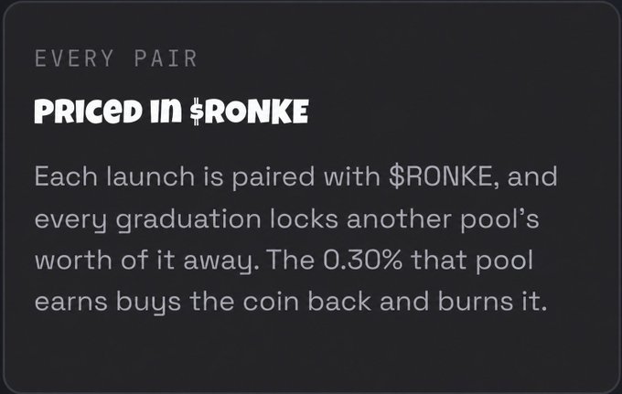 The image, titled "EVERY PAIR PRICED IN $RONKE," explains that each launch is paired with $RONKE, with every graduation locking another pool's worth of it away, and the 0.30% that the pool earns being used to buy back and burn the coin—directly illustrating the $RONKE flywheel mechanism mentioned in the post.