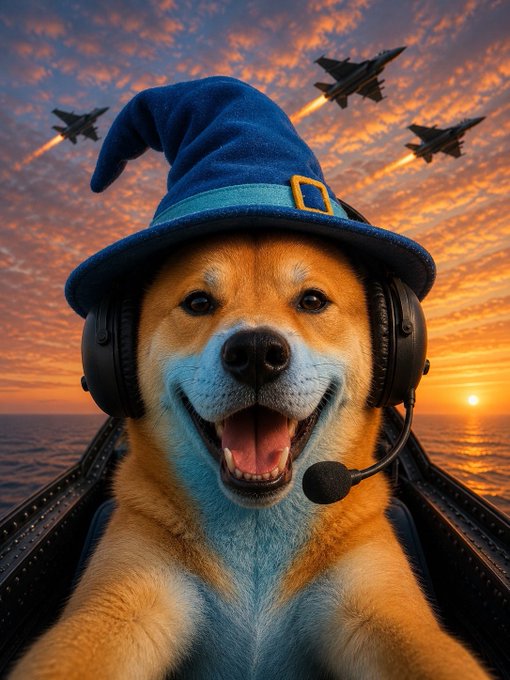 A cheerful Shiba Inu dog wearing a blue wizard hat and headset, sitting in a cockpit with fighter jets flying over an ocean at sunset.