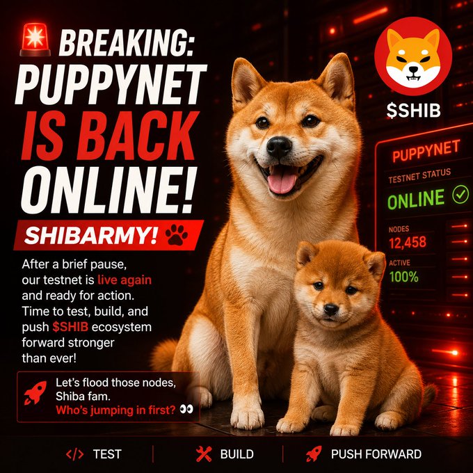 The image features a smiling Shiba Inu dog alongside an adorable puppy, with bold text announcing "BREAKING: PUPPYNET IS BACK ONLINE!" alongside the $SHIB token logo and a testnet status dashboard showing 12,458 nodes active at 100%, perfectly complementing the post's message about the testnet resuming operations to push the Shiba Inu ecosystem forward.