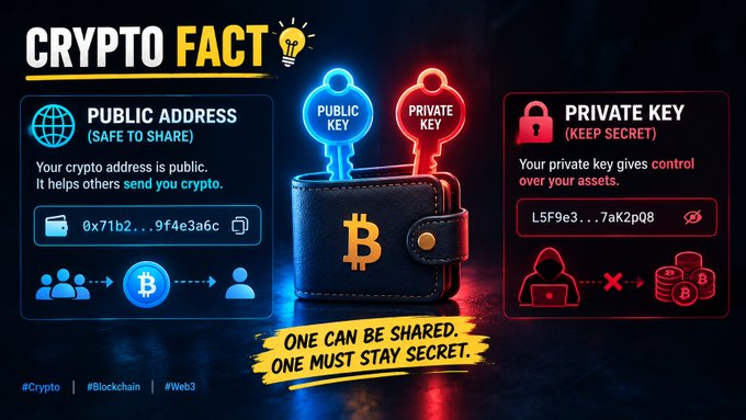 A 'CRYPTO FACT' infographic explains that a 'PUBLIC ADDRESS' (safe to share) enables receiving crypto while a 'PRIVATE KEY' (keep secret) controls assets, illustrated with a Bitcoin wallet holding blue and red keys and the tagline 'ONE CAN BE SHARED. ONE MUST STAY SECRET.'