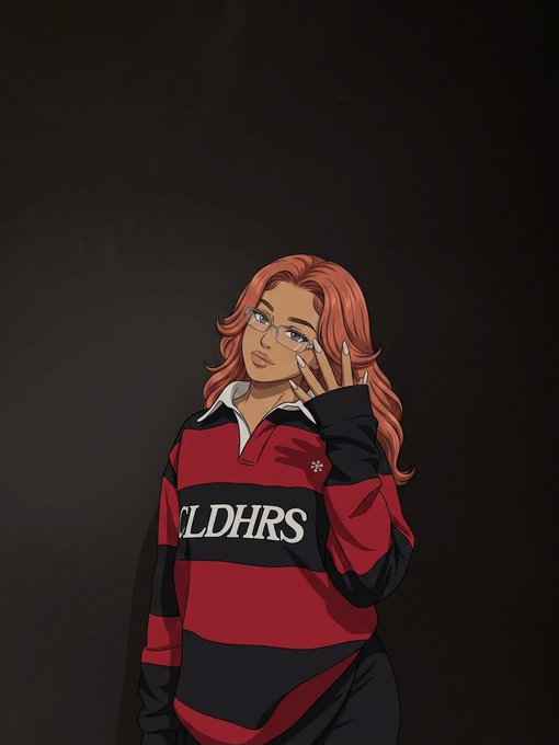 A young woman with wavy red hair and glasses poses against a dark background, wearing a red and black striped rugby shirt that reads "GLDHRS" across the chest. The image pairs with a nighttime post reflecting on progress with @CNPYNetwork, suggesting a contemplative "goodnight" moment after a day of momentum toward a goal.