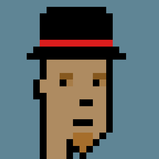 A low-resolution pixel art portrait of a tan-skinned figure wearing a black top hat with a red band, featuring brown square eyes and a simple mouth against a blue background.