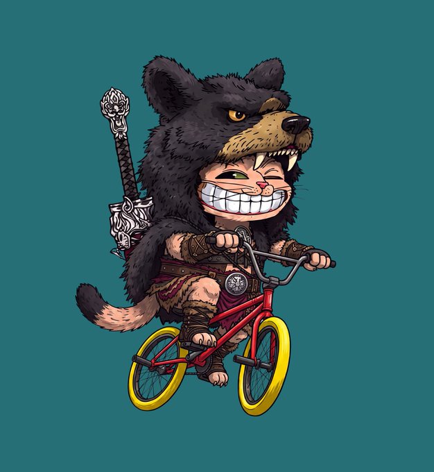 A cartoon illustration shows a grinning cat warrior in tribal gear riding a small red and yellow bicycle while carrying a sword on its back, set against a teal background.