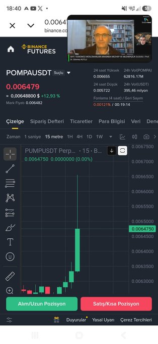 A Binance Futures trading app screenshot showing the POMPUSDT cryptocurrency chart on a 15-minute timeframe, with a small video overlay of a man in glasses.