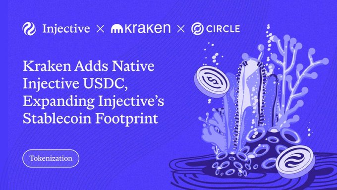 A purple promotional graphic announcing 'Kraken Adds Native Injective USDC, Expanding Injective's Stablecoin Footprint,' featuring logos for Injective, Kraken, and Circle, alongside illustrations of coins and coral.