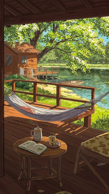 An illustration shows a cozy lakeside cabin porch featuring a hammock, wooden table with an open book and coffee mug, and a view of a serene lake surrounded by trees. The tranquil, inspiring scene complements the post's uplifting message about embracing new opportunities, staying consistent, and connecting with a creative community to make the week meaningful.
