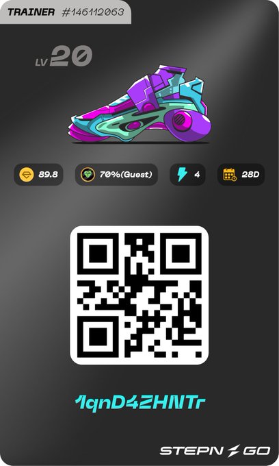 A STEPN GO NFT trainer sneaker profile showing Level 20, 89.8 energy, 70% guest efficiency, 4 stamina, and 28D days, with QR code and code '1qnD42HNTr'.