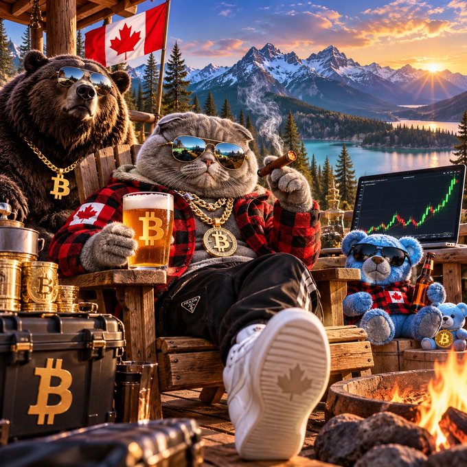 A digital illustration depicts a brown bear and two cats (one gray, one blue) lounging by a campfire in a mountain cabin setting; they sport Canadian flags, Bitcoin (BTC) necklaces and clothing, with a laptop displaying a stock chart and a Bitcoin-branded case nearby.