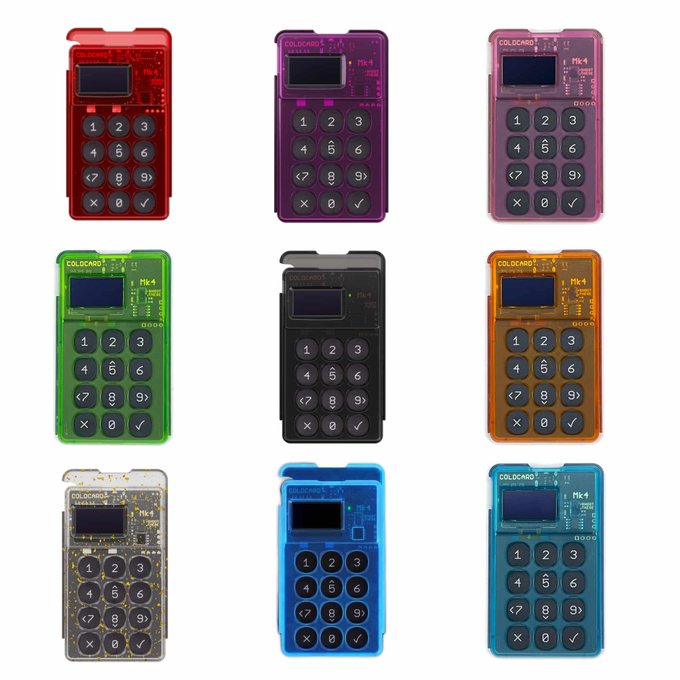 Nine colorful transparent calculator-shaped devices labeled "COLDCARD Mk4" are arranged in a 3x3 grid, featuring various colors including red, purple, pink, green, black, orange, yellow, and blue.