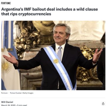 Fortune news article headlined "Argentina's IMF bailout deal includes a wild clause that rips cryptocurrencies" featuring a photo of Argentina's President Alberto Fernández wearing the presidential sash.