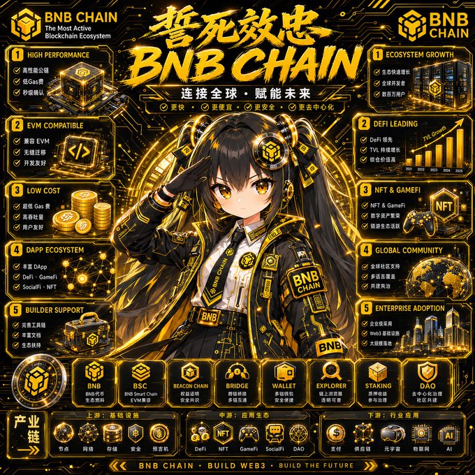 An anime-style character in BNB Chain branded attire salutes in front of a golden tech-themed infographic celebrating "誓死效忠BNB CHAIN" (Lifelong Loyalty to BNB CHAIN), highlighting its high performance, EVM compatibility, low costs, DeFi leadership, and global ecosystem growth as expressed in the accompanying declaration of devotion to BNB Chain over other platforms.