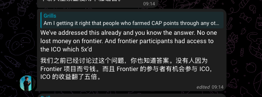 A Telegram message from 'Grills' responding to a question about CAP points, ICO, and Frontier program, with both English and Chinese text explaining that Frontier participants had 5x ICO returns.