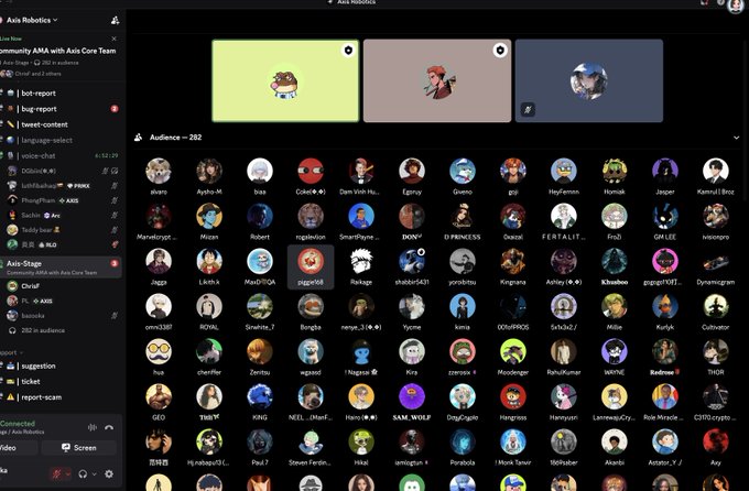 An Axis Robotics Discord community AMA interface with an audience of 282 members, featuring voice chat controls and a grid of member profile pictures.