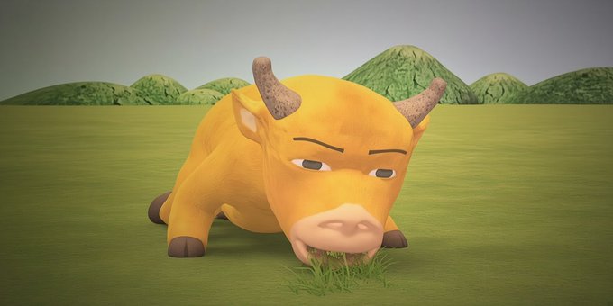 A cartoon-style yellow bull with horns is grazing on grass in an open field with green hills in the background, visually reinforcing the post's playful comparison between going long on "Bullish" and "Mars" contracts in crypto trading.