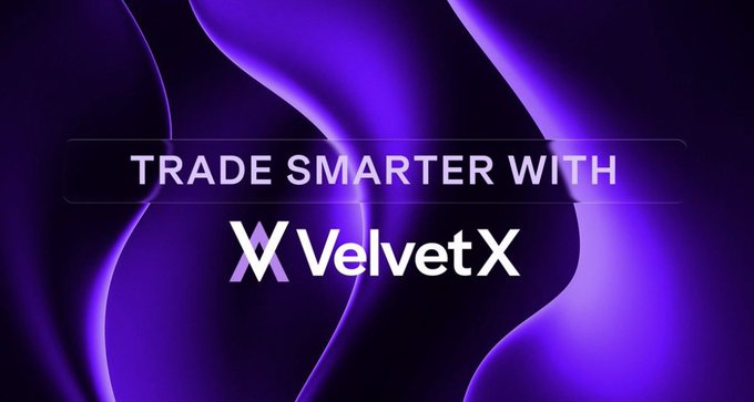 A promotional graphic with a purple swirling background displays the text "TRADE SMARTER WITH VelvetX," aligning with the post's call to action encouraging users to trade on the VelvetX platform (Spot + Perps), stake $VELVET tokens, and earn Gems before the upcoming 2.71M token distribution snapshot.