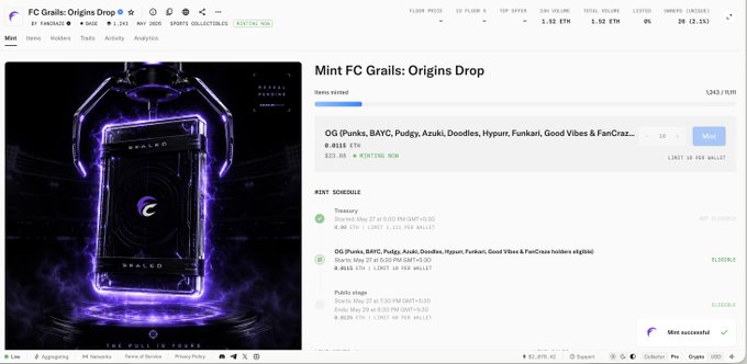 The image shows a screenshot of a webpage that displays information about minted items from the FC Grails Origins Drop. The website offers various collectible cards, including cricket cards, which are minted by the FC Grails Origin Drop. The post is titled "You might have heard about @fcgrails from: TMA from Temu, Ali from Retarded and Safz from Synthetic Gemz". The image also includes a screenshot of a cell phone with a purple screen, possibly showing details or images related to the minted items on sale.