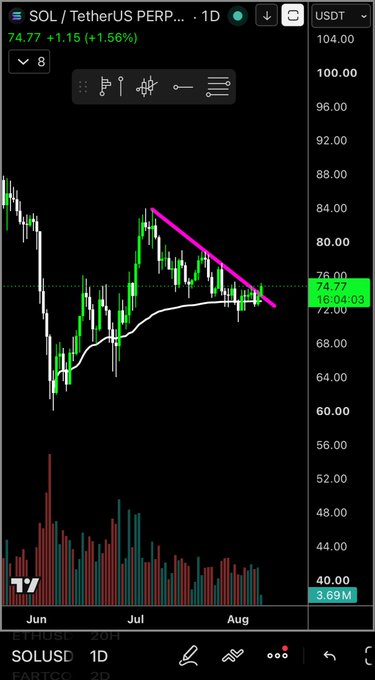A TradingView daily chart of SOL/USD showing price at $74.77 (+1.15%), with a descending trendline (pink) being tested by recent price action near the $72-74 resistance zone, accompanied by declining volume in August—reflecting the poster's hope that Solana will break out above the downtrend.