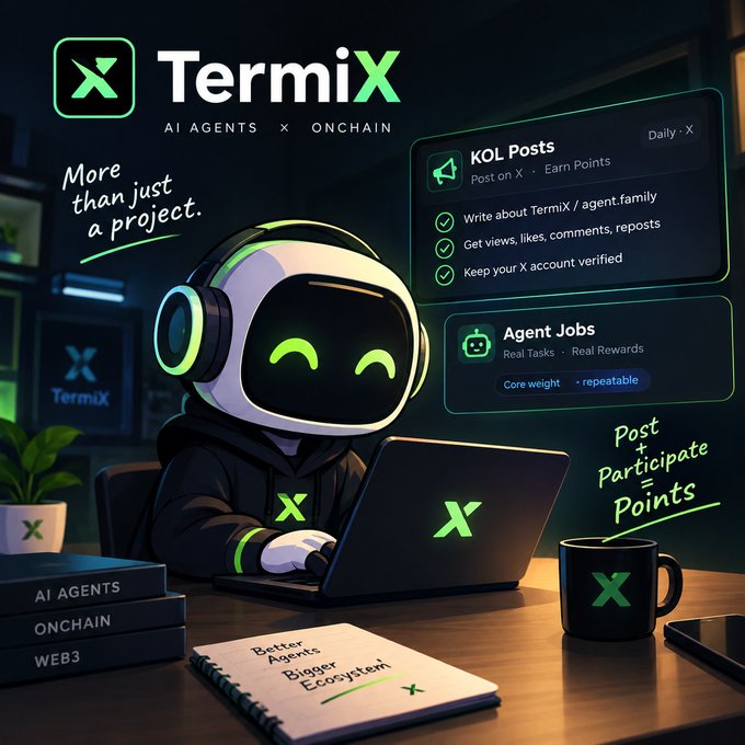 A promotional graphic for 'TermiX' (AI Agents x Onchain) featuring a white robot character at a laptop, advertising 'KOL Posts' and 'Agent Jobs' with the slogan 'More than just a project' and 'Post + Participate = Points'.