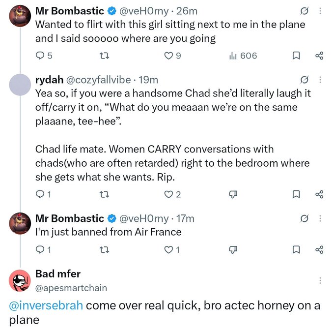 A screenshot of a Twitter thread where a user named Mr Bombastic says he tried to flirt with a girl on a plane, to which a user named rydah replies about "Chad life," and the original user replies "I'm just banned from Air France."