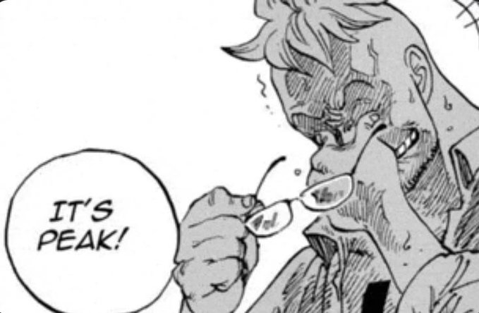 A black-and-white manga panel showing a sweating, distressed character removing their glasses while a speech bubble declares 'IT'S PEAK!'.