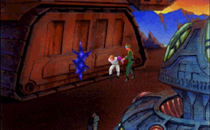 A pixel art scene from a retro video game showing two characters in spacesuits (one white, one green) outside a large metallic structure, with a blue crystalline object floating nearby and futuristic buildings in the foreground.