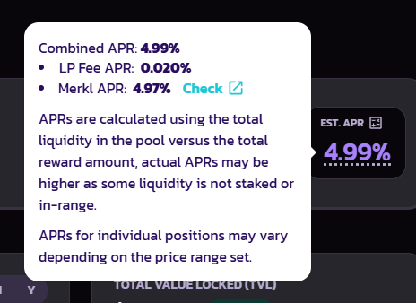 A tooltip displaying 'Combined APR: 4.99%' with breakdowns for LP Fee APR (0.020%) and Merkl APR (4.97%), explaining that APRs are based on pool liquidity.