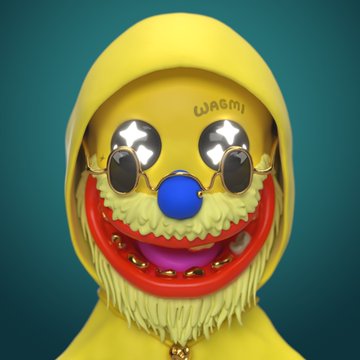 A surreal 3D-rendered yellow hooded figure with a grotesque grinning mouth, a blue clown nose, round sunglasses reflecting sparkles, and the word "WAGMI" tattooed on its forehead.