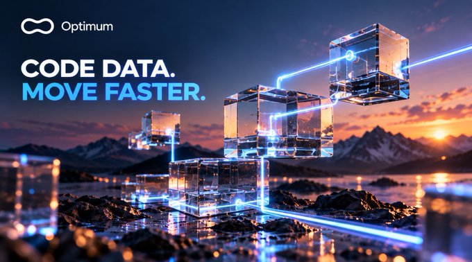 An Optimum advertisement with the tagline 'CODE DATA. MOVE FASTER.' showing illuminated glass cubes with blue light trails against a sunset mountain landscape.