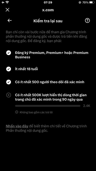A mobile screenshot from x.com shows a 'Kiểm tra lại sau' (Check back later) notice in Vietnamese for ad revenue share eligibility, listing requirements including Premium subscription, 18+ age, 500 followers, and 500K verified impressions.