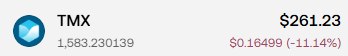 The image shows a cryptocurrency wallet entry for TMX with a balance of 1,583.230139 tokens, valued at $261.23, which has dropped 11.14% ($0.16499) recently. This relates to the post where the user is complaining about a token airdrop or claim where others with similar rankings received 10 times their amount, with some users using multiple small accounts to claim tens of thousands of tokens.