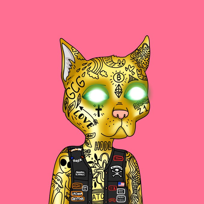 A digital illustration of a golden cat-headed character with glowing green eyes, covered in tattoos and symbols, wearing a biker vest with patches including 'LACONIA' and 'DAYTONA', set against a pink background.
