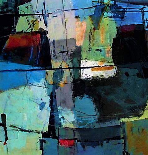 An abstract painting composed of geometric shapes and blocks in shades of blue, green, black, and muted yellow with expressive linework.