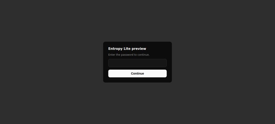 A password-protected login screen for "Entropy Lite preview" requesting a password to continue. The image illustrates the locked preview UI mentioned in the post, which requires authentication before users can access the social trading features at lite.entropy.io.