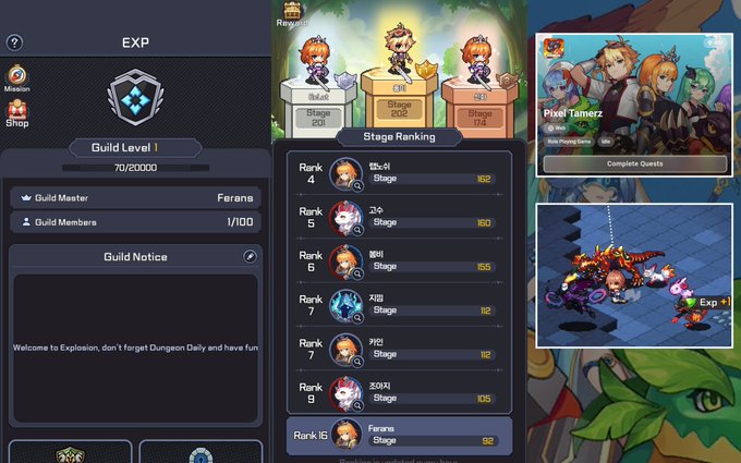 A mobile game interface showing a guild menu with 'Guild Level 1' and 70/60000 EXP, 'PIXEL TAMERZ' event banner, and a Stage Ranking leaderboard with ranks 4-10, alongside a 3D gameplay scene featuring characters in combat.