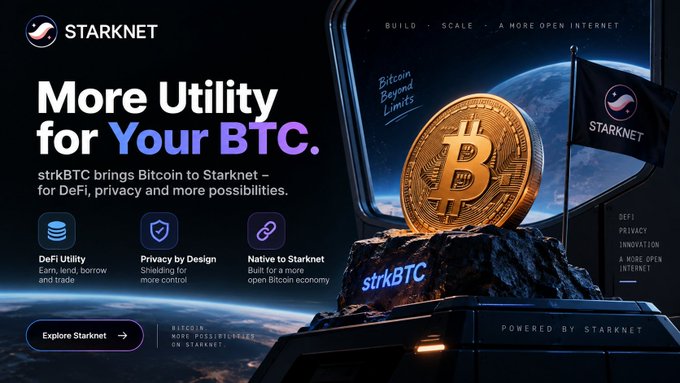 Promotional graphic for Starknet featuring 'More Utility for Your BTC' and 'strkBTC brings Bitcoin to Starknet' with a Bitcoin coin on a rocky surface in space.