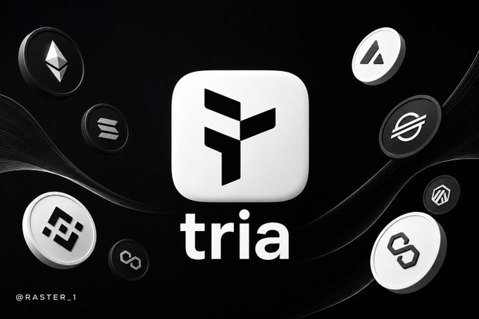 The image features a black background with white text that reads "TRIA". There are several coins scattered around, including Bitcoin and Ethereum coins, as well as other types of digital currency symbols. The coins appear to be floating or suspended in mid-air, creating an interesting visual effect against the black backdrop.
