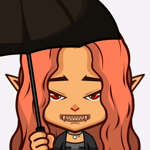 A chibi-style digital illustration shows a red-haired elf character with pointed ears, red eyes, and fangs, holding a black umbrella.