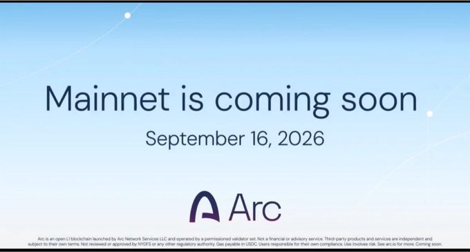 A blue gradient announcement banner for Arc stating 'Mainnet is coming soon September 16, 2026' with the Arc logo.