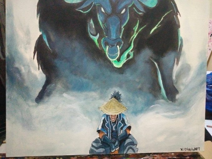 An acrylic painting depicting a samurai warrior in traditional straw hat facing a massive, dark mythological beast with glowing green flames, signed 'X:DiabloNFT' in the bottom right corner.