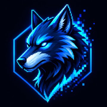 A digital illustration of a blue wolf's head inside a glowing hexagonal frame, with pixelated dispersal effects on the right side against a dark background.