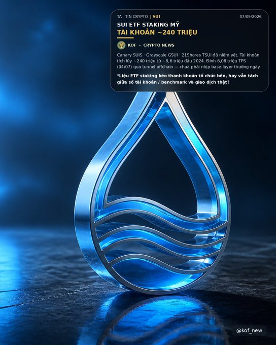 A digital news card dated 07/09/2026 from '@kof_new' about SUI ETF staking (TAI KHOẢN – 240 TRIỆU), set against a blue crystalline SUI logo.