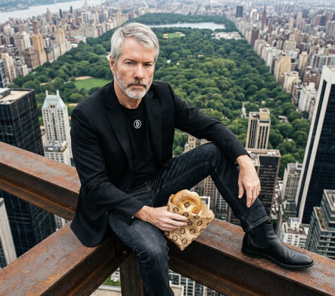 Michael Saylor, the executive chairman of Strategy (ticker $MSTR), is perched casually on a steel beam high above New York City with Central Park visible in the background, holding a Bitcoin-branded pastry box — a visual nod to the company's massive Bitcoin holdings that drove the $21 billion unrealized gain referenced in the post.