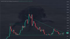 A candlestick chart of $JIMOTHY shows a sharp price surge forming a tall green candle, followed by a descending triangle pattern as the price gradually declines and consolidates within converging trendlines. The dramatic initial spike aligns with the poster's enthusiasm for the small-cap stock's breakout potential.