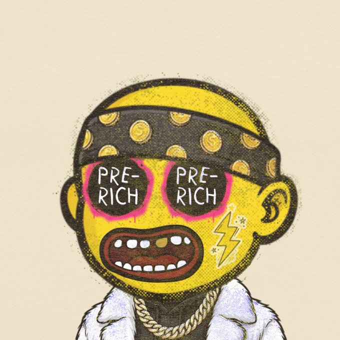 An illustrated cartoon character with yellow skin wearing a bandana, gold chain, and pink sunglasses labeled 'PRE-RICH PRE-RICH,' with a gold lightning bolt tattoo on his cheek.